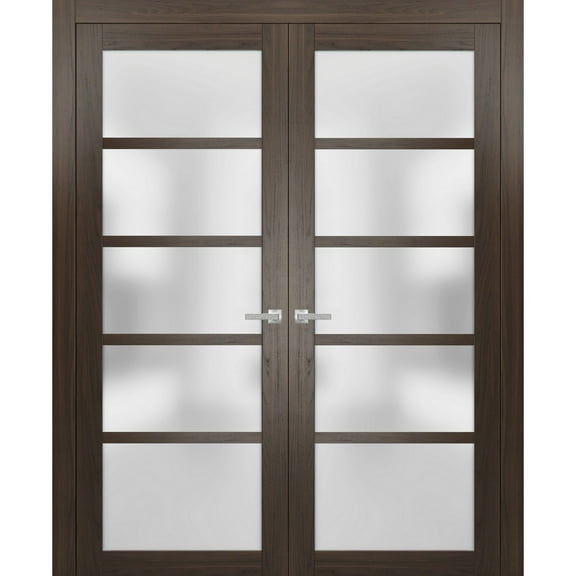 Solid French Double Doors Frosted Glass | Quadro 4002 Chocolate Ash | Wood Solid Panel Frame Trims | Closet Bedroom Sturdy Doors -36" x 84" (2* 18x84)