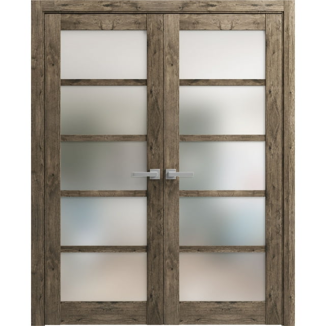 Solid French Double Doors Frosted Glass Quadro 4002 Cognac Oak Wood Solid Panel Frame Trims 7125