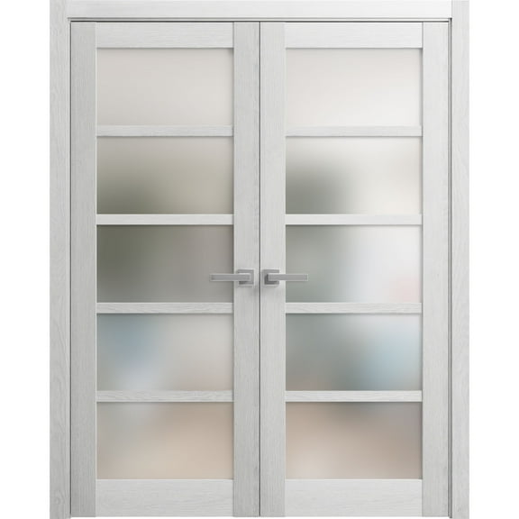 Solid French Double Doors Frosted Glass | Quadro 4002 Light Grey Oak | Wood Solid Panel Frame Trims | Closet Bedroom Sturdy Doors -84" x 96" (2* 42x96)