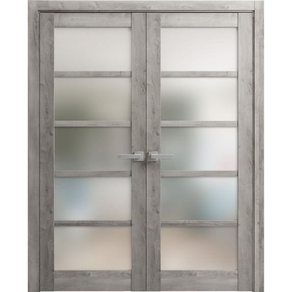 Solid French Double Doors Frosted Glass | Quadro 4002 Nebraska Grey | Wood Solid Panel Frame Trims | Closet Bedroom Sturdy Doors -84" x 80" (2* 42x80)