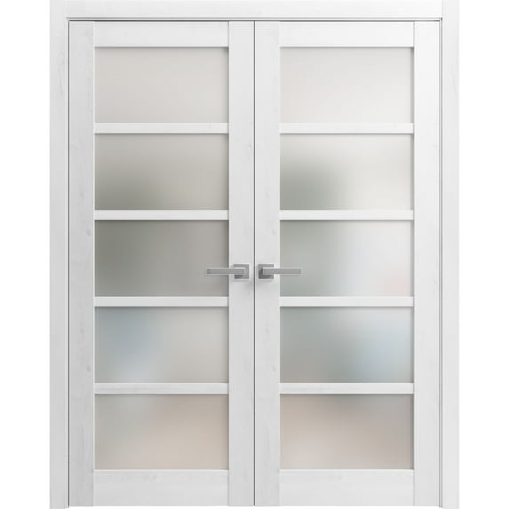 Solid French Double Doors Frosted Glass | Quadro 4002 Nordic White | Wood Solid Panel Frame Trims | Closet Bedroom Sturdy Doors -56" x 84" (2* 28x84)