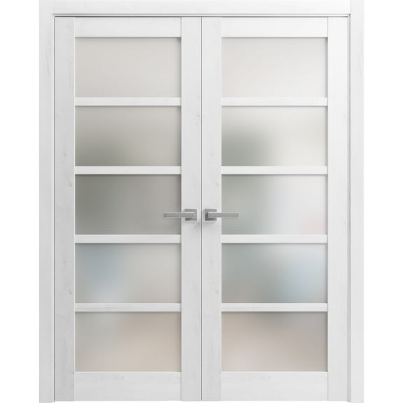 Solid French Double Doors Frosted Glass | Quadro 4002 Nordic White | Wood Solid Panel Frame Trims | Closet Bedroom Sturdy Doors -60" x 80" (2* 30x80)