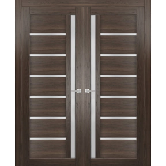 Solid French Double Doors Frosted Glass | Quadro 4088 Chocolate Ash | Wood Solid Panel Frame Trims | Closet Bedroom Sturdy Doors -36" x 80" (2* 18x80)