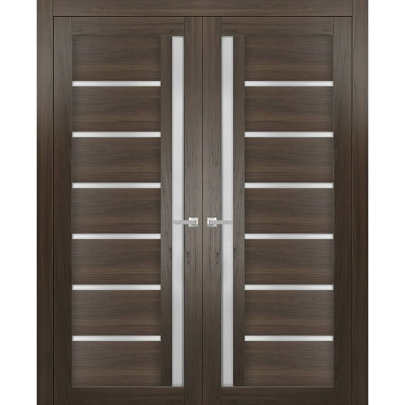 Solid French Double Doors Frosted Glass | Quadro 4088 Chocolate Ash | Wood Solid Panel Frame Trims | Closet Bedroom Sturdy Doors -36" x 84" (2* 18x84)