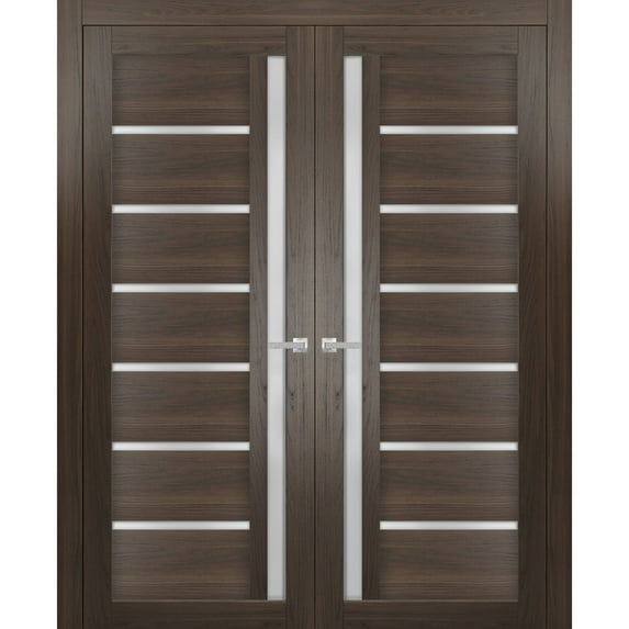 Solid French Double Doors Frosted Glass | Quadro 4088 Chocolate Ash | Wood Solid Panel Frame Trims | Closet Bedroom Sturdy Doors -72" x 84" (2* 36x84)