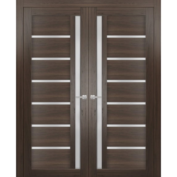 Solid French Double Doors Frosted Glass | Quadro 4088 Chocolate Ash | Wood Solid Panel Frame Trims | Closet Bedroom Sturdy Doors -72" x 96" (2* 36x96)