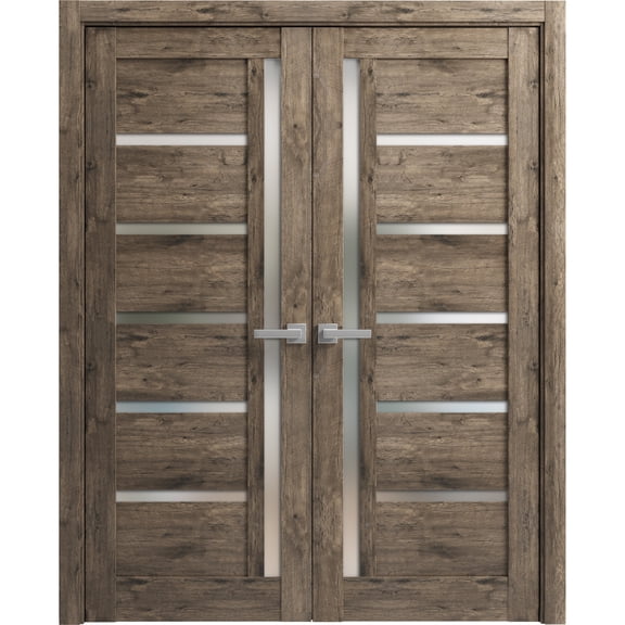 Solid French Double Doors Frosted Glass | Quadro 4088 Cognac Oak | Wood Solid Panel Frame Trims | Closet Bedroom Sturdy Doors -56" x 80" (2* 28x80)