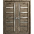 thumbnail image 1 of Solid French Double Doors Frosted Glass | Quadro 4088 Cognac Oak | Wood Solid Panel Frame Trims | Closet Bedroom Sturdy Doors -64" x 80" (2* 32x80), 1 of 6