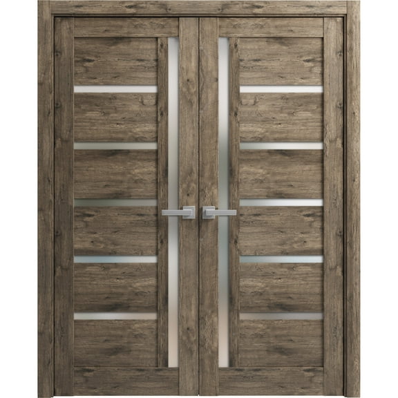 Solid French Double Doors Frosted Glass | Quadro 4088 Cognac Oak | Wood Solid Panel Frame Trims | Closet Bedroom Sturdy Doors -72" x 84" (2* 36x84)
