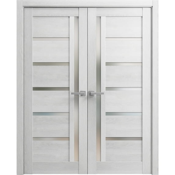 Solid French Double Doors Frosted Glass | Quadro 4088 Light Grey Oak | Wood Solid Panel Frame Trims | Closet Bedroom Sturdy Doors -84" x 96" (2* 42x96)