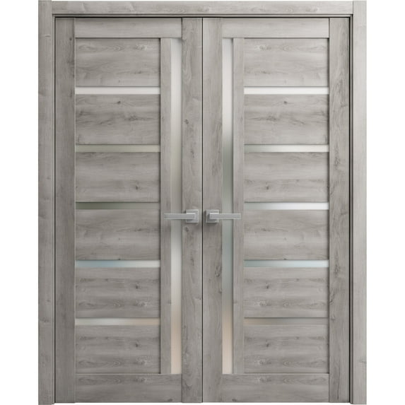 Solid French Double Doors Frosted Glass | Quadro 4088 Nebraska Grey | Wood Solid Panel Frame Trims | Closet Bedroom Sturdy Doors -36" x 96" (2* 18x96)