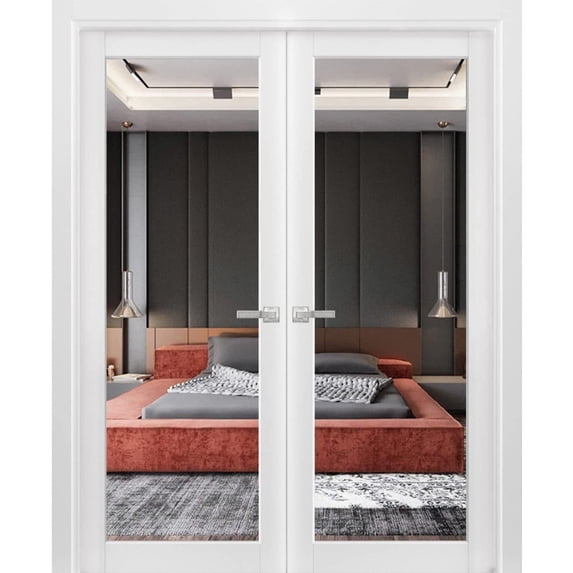 Solid French Double Doors | Lucia 1299 White Silk | Wood Solid Panel Frame Trims | Closet Bedroom Sturdy Doors-56" x 84" (2* 28x84)