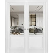 Solid French Double Doors | Lucia 1533 White Silk with Clear Glass | Wood Solid Panel Frame Trims | Closet Bedroom Sturdy Doors-48 x 80 2* 24x80