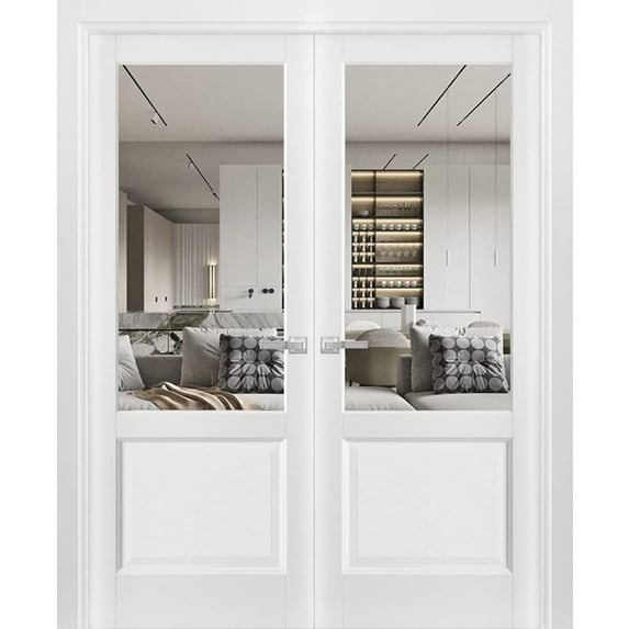 Solid French Double Doors | Lucia 1533 White Silk with Clear Glass | Wood Solid Panel Frame Trims | Closet Bedroom Sturdy Doors-48" x 96" (2* 24x96)