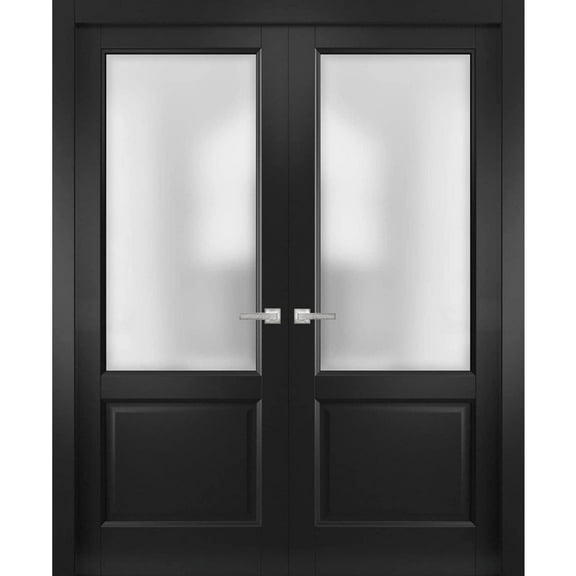 Solid French Double Doors | Lucia 22 Matte Black with Frosted Glass | Wood Solid Panel Frame Trims | Closet Bedroom Sturdy Doors