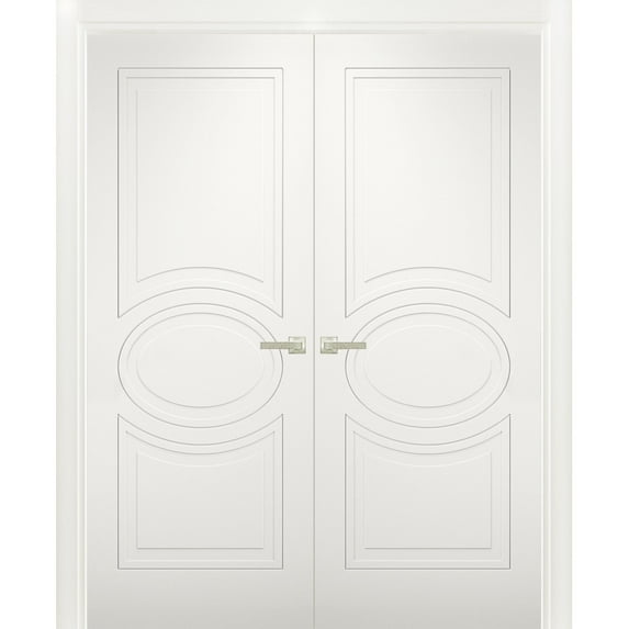 Solid French Double Doors / Mela 7001 Matte White / Wood Solid Panel Frame / Closet Bedroom Modern Doors