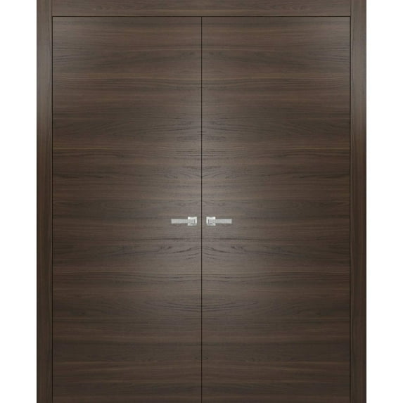 Solid French Double Doors | Planum 0010 Chocolate Ash | Wood Solid Panel Frame Trims | Closet Bedroom-60" x 84" (2* 30x84)