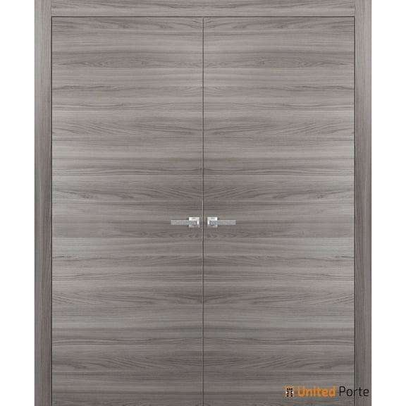 Solid French Double Doors | Planum 0010 Ginger Ash | Wood Solid Panel Frame Trims | Closet Bedroom-60" x 80" (2* 30x80)