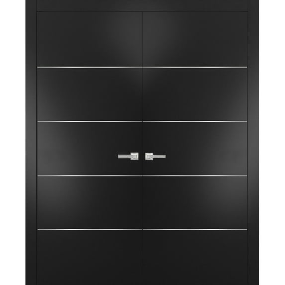 Solid French Double Doors | Planum 0020 Matte Black | Wood Solid Panel Frame Trims | Closet Bedroom Sturdy Doors -56" x 84" (2* 28x84)