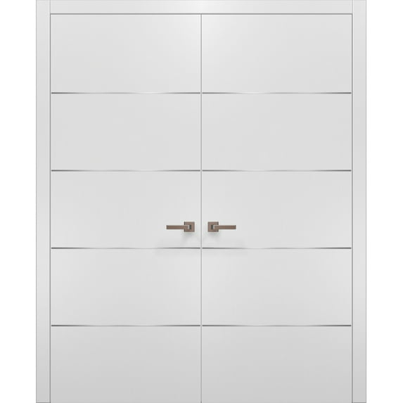 Solid French Double Doors | Planum 0020 White Silk | Wood Solid Panel Frame Trims | Closet Bedroom Sturdy Doors -60" x 80" (2* 30x80)
