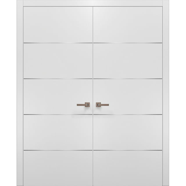 Solid French Double Doors | Planum 0020 White Silk | Wood Solid Panel Frame Trims | Closet Bedroom Sturdy Doors -60" x 84" (2* 30x84)