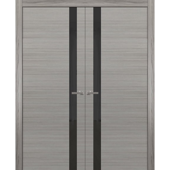 Solid French Double Doors | Planum 0040 Grey Ash with Black Glass | Wood Solid Panel Frame Trims | Closet Bedroom Sturdy Doors -36" x 80" (2* 18x80)