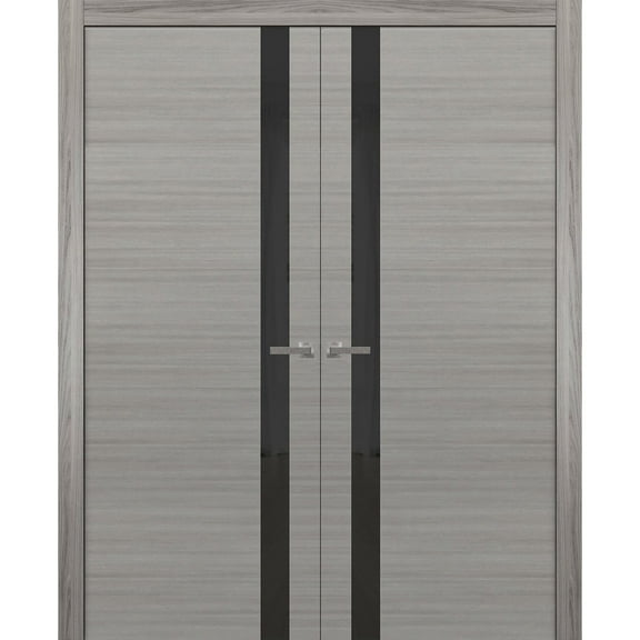 Solid French Double Doors | Planum 0040 Grey Ash with Black Glass | Wood Solid Panel Frame Trims | Closet Bedroom Sturdy Doors -36" x 84" (2* 18x84)