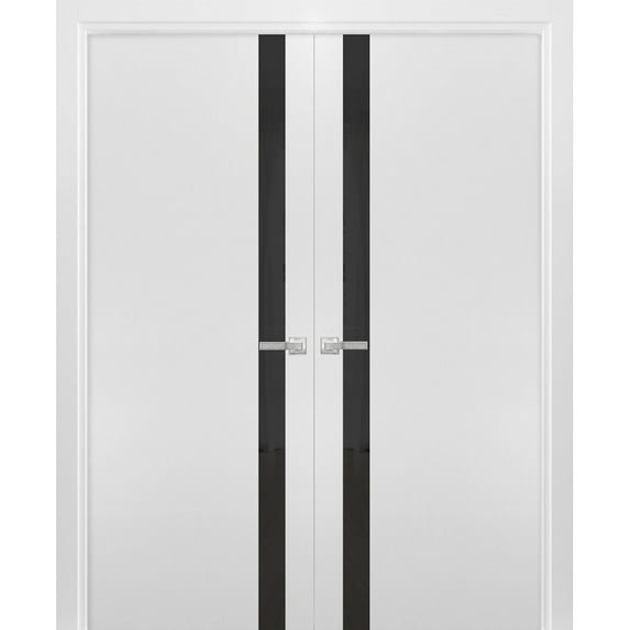 Solid French Double Doors | Planum 0040 White Silk with Black Glass | Wood Solid Panel Frame Trims | Closet Bedroom Sturdy Doors -36" x 80" (2* 18x80)