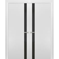 Solid French Double Doors | Planum 0040 White Silk with Black Glass | Wood Solid Panel Frame Trims | Closet Bedroom Sturdy Doors -36" x 84" (2* 18x84)