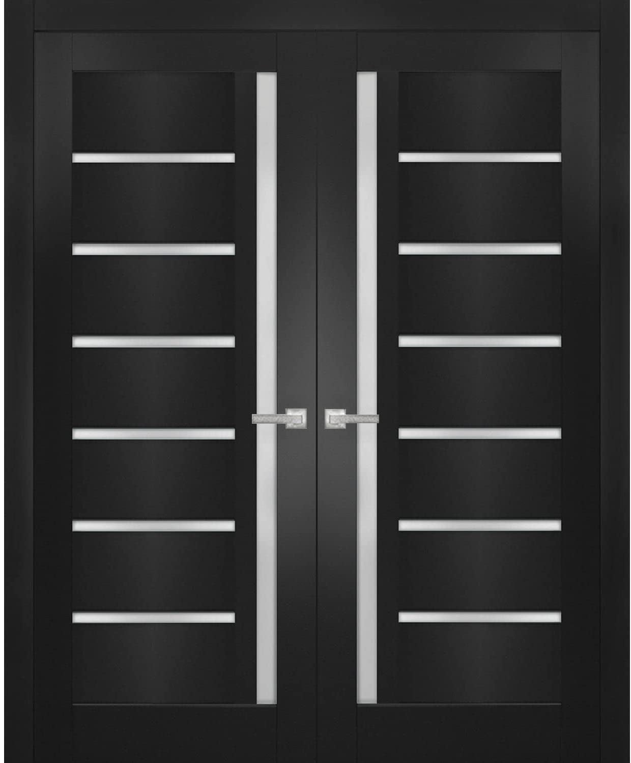 96" Matte Black French Double Doors with Frosted Glass Panels