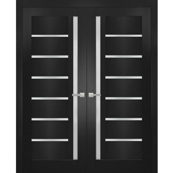 Solid French Double Doors | Quadro 4088 Matte Black with Frosted Glass | Wood Solid Panel Frame Trims | Closet Bedroom Sturdy Doors