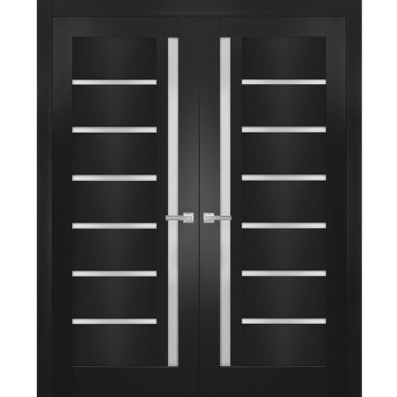Solid French Double Doors | Quadro 4088 Matte Black with Frosted Glass | Wood Solid Panel Frame Trims | Closet Bedroom Sturdy Doors