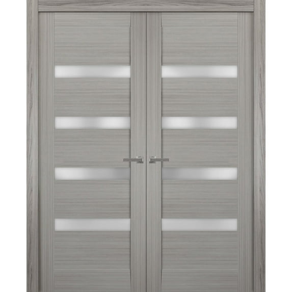 Solid French Double Doors | Quadro 4113 Grey Ash with Frosted Glass | Wood Solid Panel Frame Trims | Closet Bedroom Sturdy Doors -48" x 96" (2* 24x96)