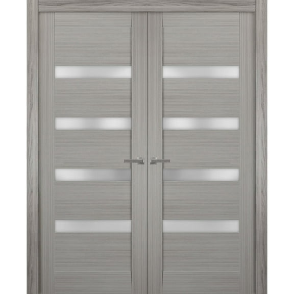Solid French Double Doors | Quadro 4113 Grey Ash with Frosted Glass | Wood Solid Panel Frame Trims | Closet Bedroom Sturdy Doors -36" x 96" (2* 18x96)