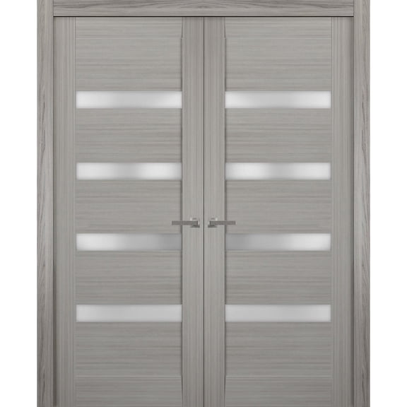 Solid French Double Doors | Quadro 4113 Grey Ash with Frosted Glass | Wood Solid Panel Frame Trims | Closet Bedroom Sturdy Doors -64" x 80" (2* 32x80)