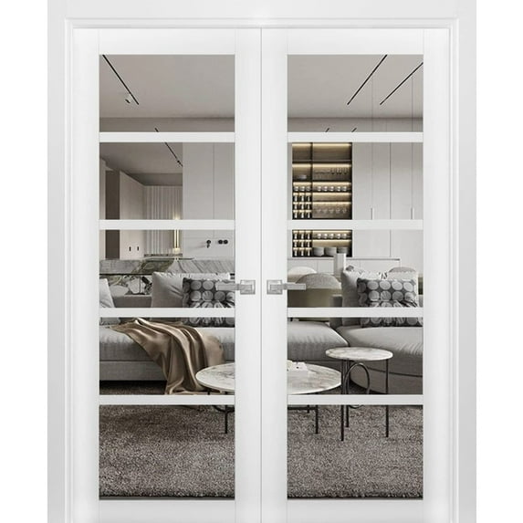 Solid French Double Doors | Quadro 4522 White Silk with Clear Glass | Wood Solid Panel Frame Trims | Closet Bedroom Sturdy Doors-48" x 84" (2* 24x84)
