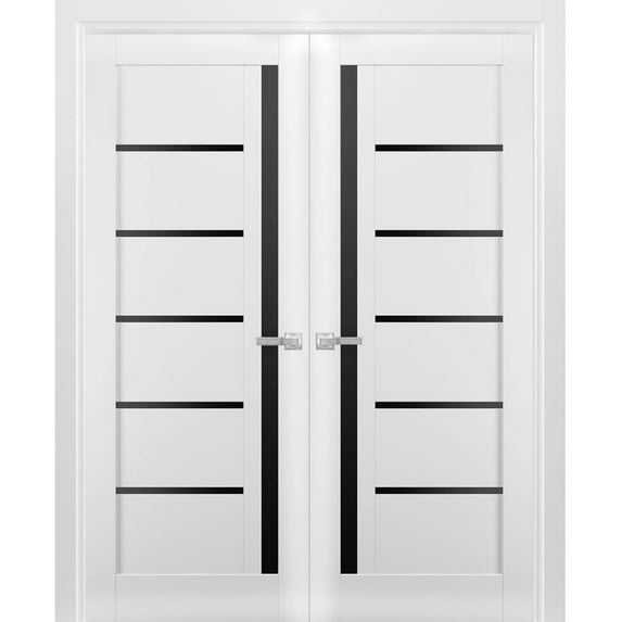 Solid French Double Doors | Quadro 4588 White Silk with Black Glass | Wood Solid Panel Frame Trims | Closet Bedroom Sturdy Doors-56" x 84" (2* 28x84)-Black Glass