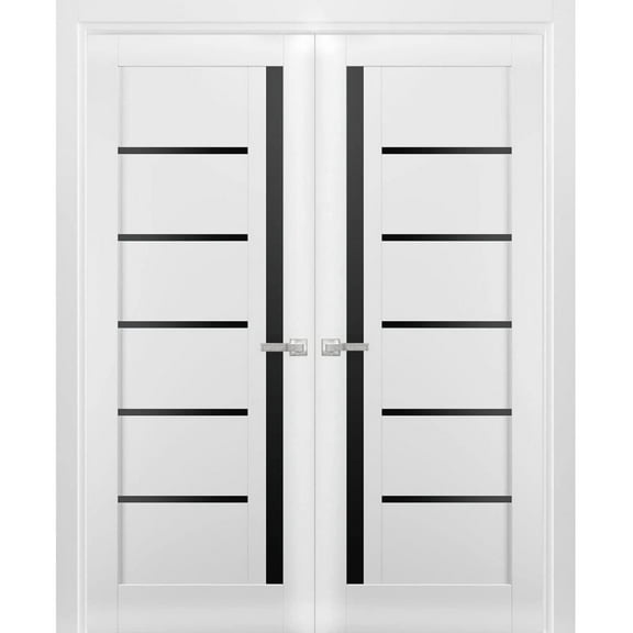 Solid French Double Doors | Quadro 4588 White Silk with Black Glass | Wood Solid Panel Frame Trims | Closet Bedroom Sturdy Doors-36" x 84" (2* 18x84)-Black Glass