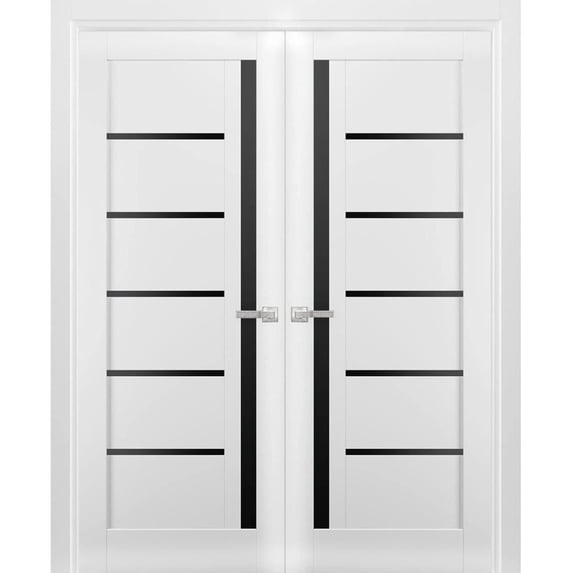 Solid French Double Doors | Quadro 4588 White Silk with Black Glass | Wood Solid Panel Frame Trims | Closet Bedroom Sturdy Doors-48" x 84" (2* 24x84)-Black Glass