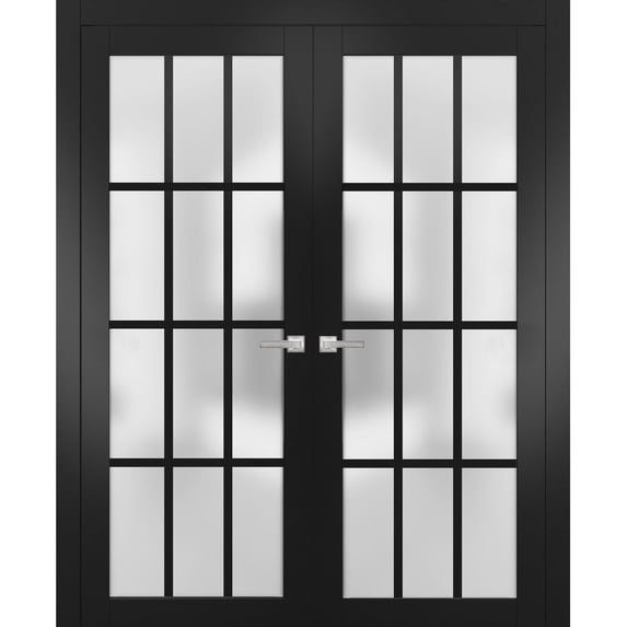 Solid French Double Frosted Glass Doors 12 Lites | Felicia 3312 Matte Black | Single Regural Panel Frame Trims | Bathroom Bedroom Sturdy Doors -60" x 80" (2* 30x80)