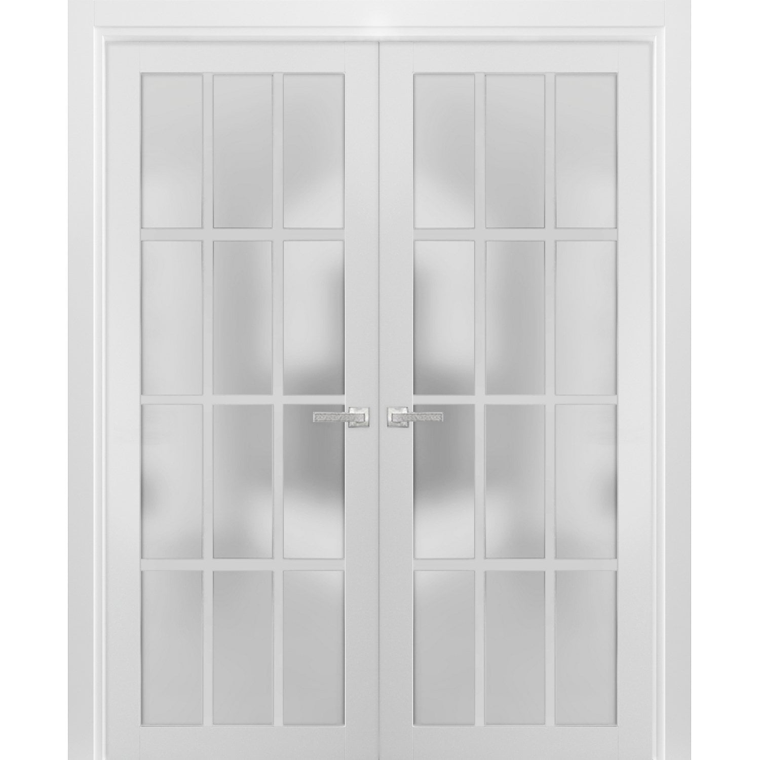 Solid French Double Frosted Glass Doors 12 Lites | Felicia 3312 White Silk | Single Regural Panel Frame Trims | Bathroom Bedroom Sturdy Doors -72" x 80" (2* 36x80)