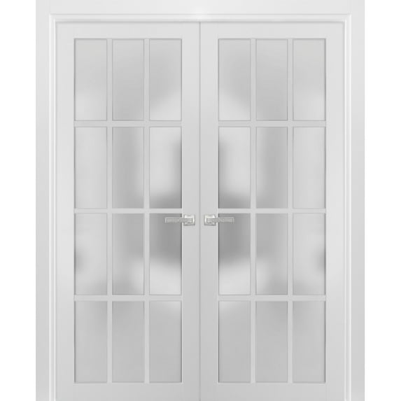 Solid French Double Frosted Glass Doors 12 Lites | Felicia 3312 White Silk | Single Regural Panel Frame Trims | Bathroom Bedroom Sturdy Doors -84" x 84" (2* 42x84)