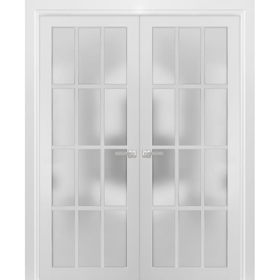 Solid French Double Frosted Glass Doors 12 Lites | Felicia 3312 White Silk | Single Regural Panel Frame Trims | Bathroom Bedroom Sturdy Doors -84" x 96" (2* 42x96)