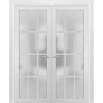 Solid French Double Frosted Glass Doors 12 Lites | Felicia 3312 White Silk | Single Regural Panel Frame Trims | Bathroom Bedroom Sturdy Doors -72" x 80" (2* 36x80)