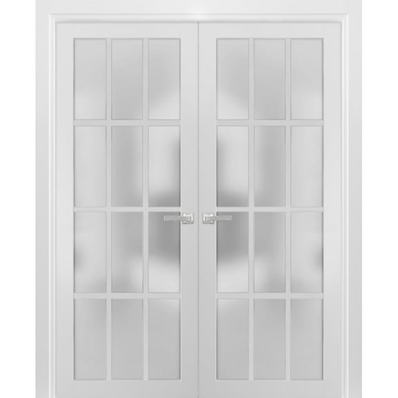 Solid French Double Frosted Glass Doors 12 Lites | Felicia 3312 White Silk | Single Regural Panel Frame Trims | Bathroom Bedroom Sturdy Doors -72" x 96" (2* 36x96)