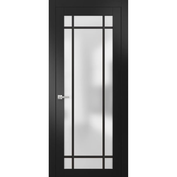 Solid French Pre-Hung Door 24 x 84 inches | Planum 2112 Matte Black Frosted Glass | Single Regular Panel Frame Trims Handle | Bathroom Bedroom Sturdy Doors