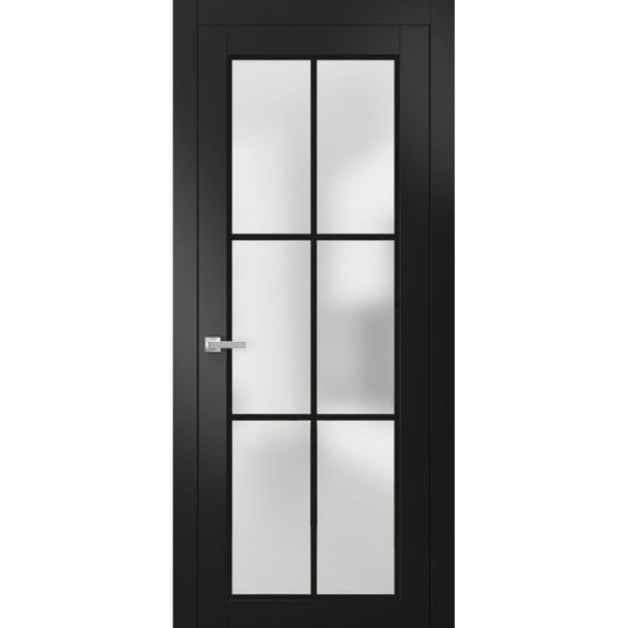 Solid French Pre-Hung Door 24 x 96 inches | Planum 2122 Matte Black Frosted Glass | Single Regular Panel Frame Trims Handle | Bathroom Bedroom Sturdy Doors