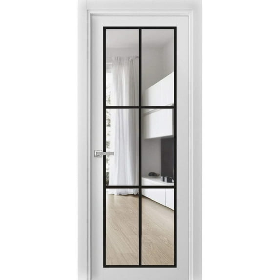 Solid French Pre-Hung Door 30 x 84 inches | Lucia 2366 White Silk Clear Glass | Single Regular Panel Frame Trims Handle | Bathroom Bedroom Sturdy Doors