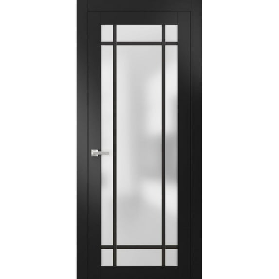 Solid French Pre-Hung Door 30 x 84 inches | Planum 2112 Matte Black Frosted Glass | Single Regular Panel Frame Trims Handle | Bathroom Bedroom Sturdy Doors