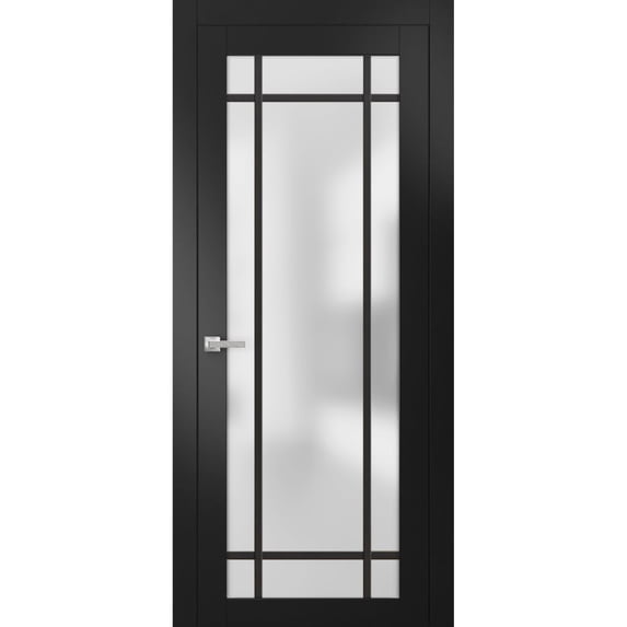 Solid French Pre-Hung Door 32 x 84 inches | Planum 2112 Matte Black Frosted Glass | Single Regular Panel Frame Trims Handle | Bathroom Bedroom Sturdy Doors